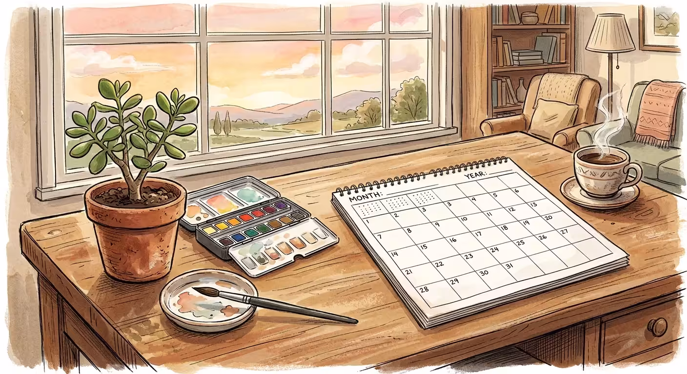 An illustration of a wooden desk with a blank calendar, a paint set, and a warm cup of coffee under a sunny window.
