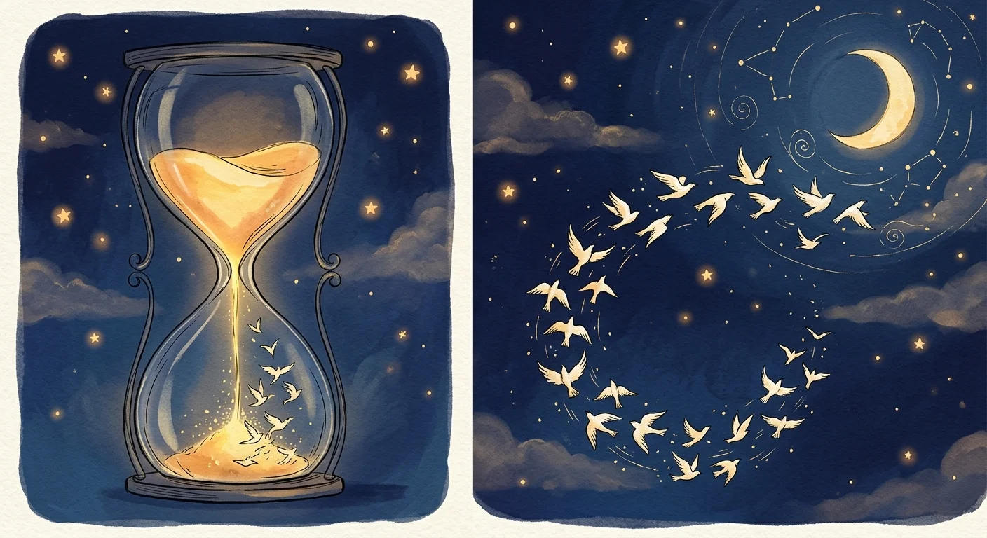 An illustration of an hourglass where the falling sand turns into birds flying freely into a starry sky.