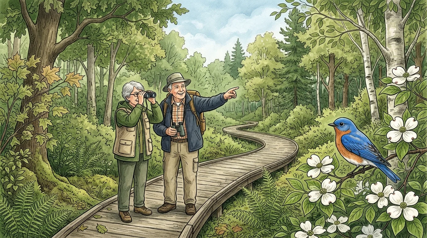 An illustration of two friends on a wooden forest path looking through binoculars at a small bluebird.