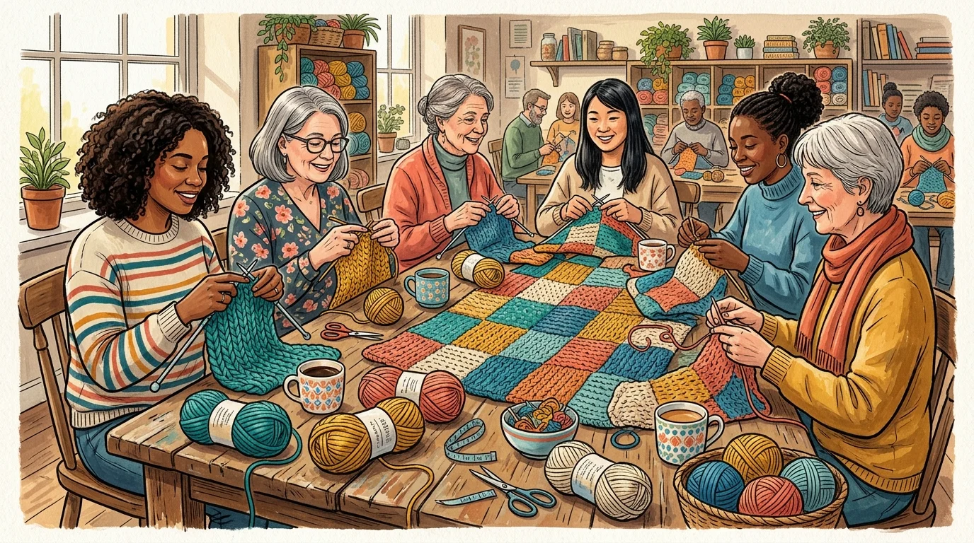 An illustration showing hands knitting a vibrant patchwork blanket together around a table piled with colorful yarn.