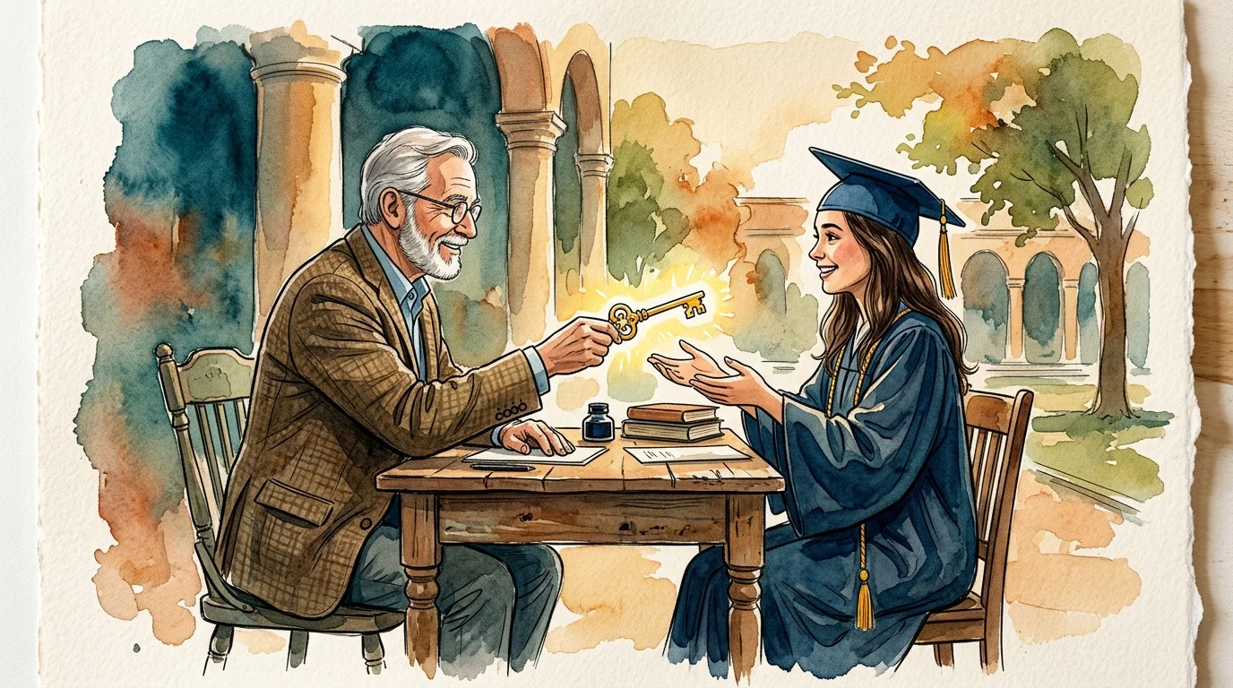 An illustrative watercolor of a senior mentor handing a glowing golden key to a young college graduate in front of campus columns.