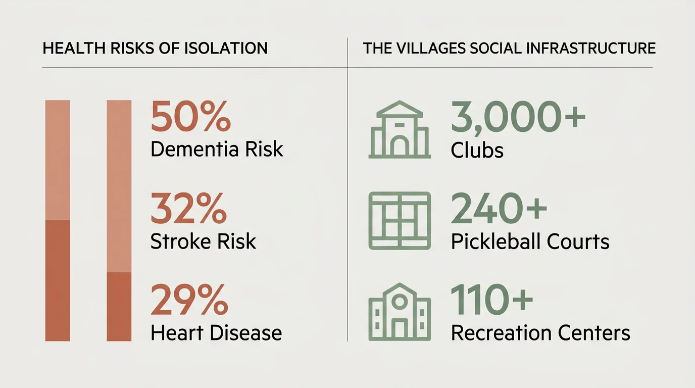 An infographic contrasting the health risks of isolation with the abundant social infrastructure of The Villages, Florida.