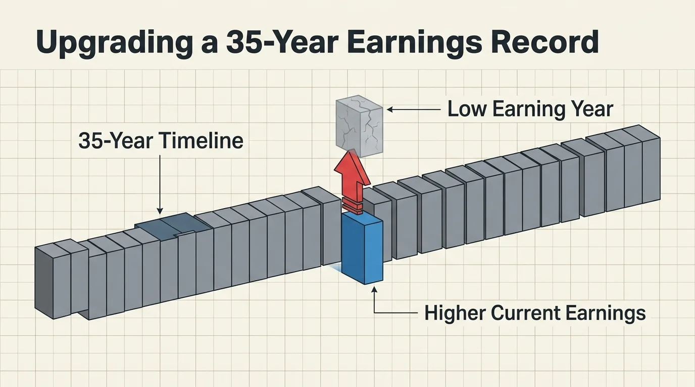 An infographic showing a lower-earning year block from a 35-year history timeline being replaced by a modern higher-earning block.