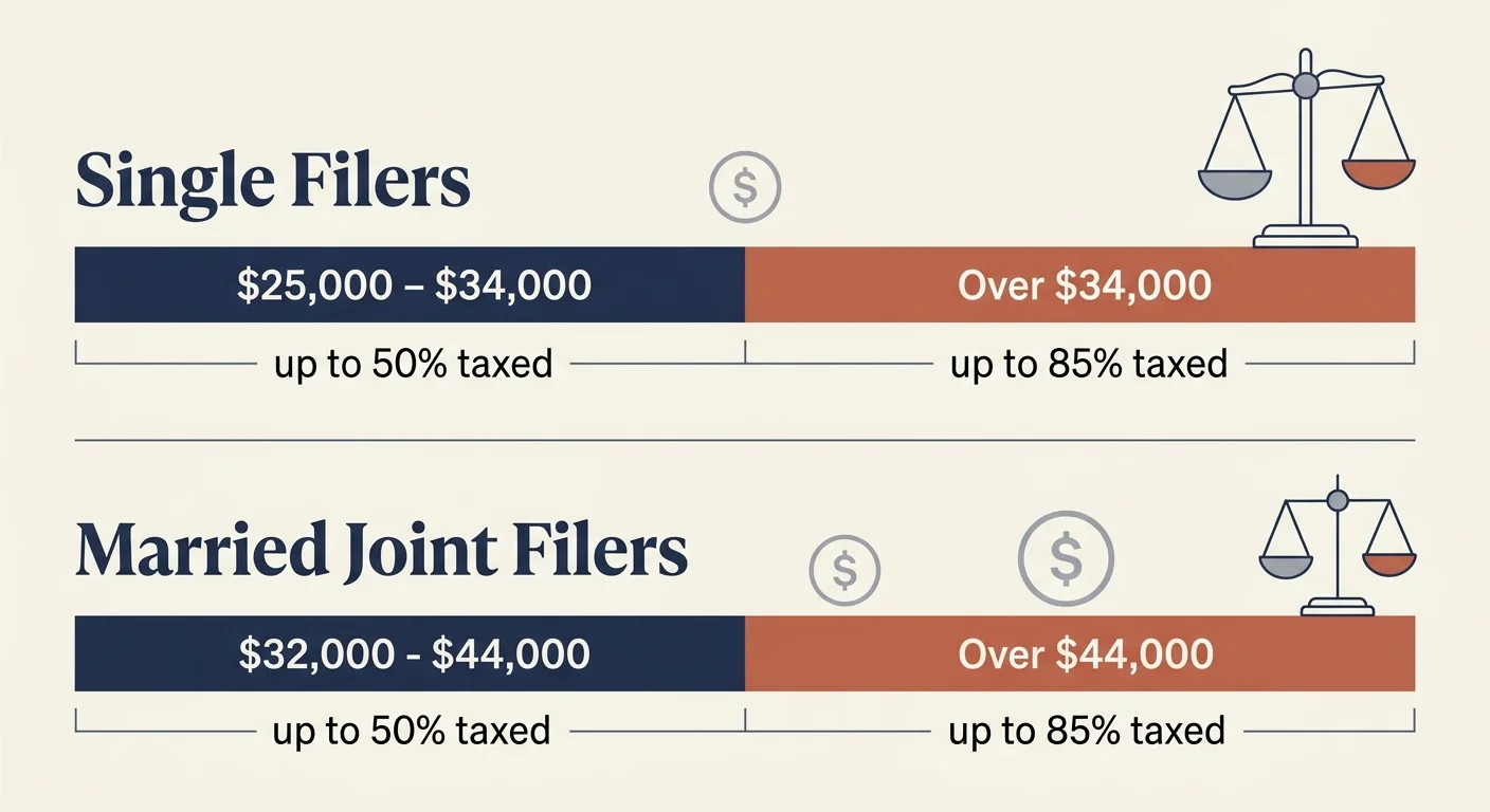 An infographic showing the taxable thresholds for Social Security benefits based on combined income for single and married filers.