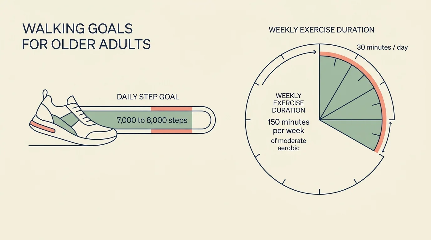 An infographic showing walking goals for seniors, highlighting 7,000 to 8,000 steps per day and 150 minutes per week.
