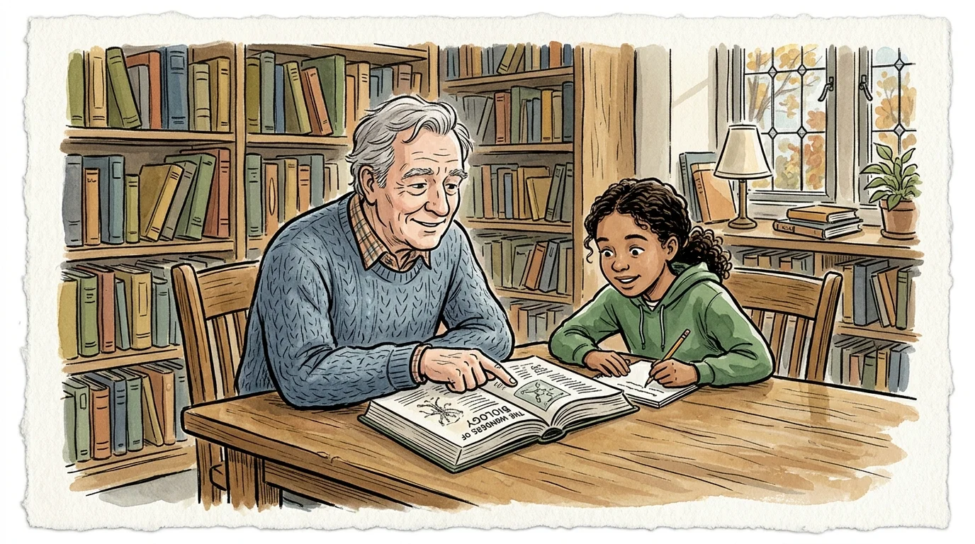 An ink and gouache illustration of an older man tutoring a young student at a library table, surrounded by books.
