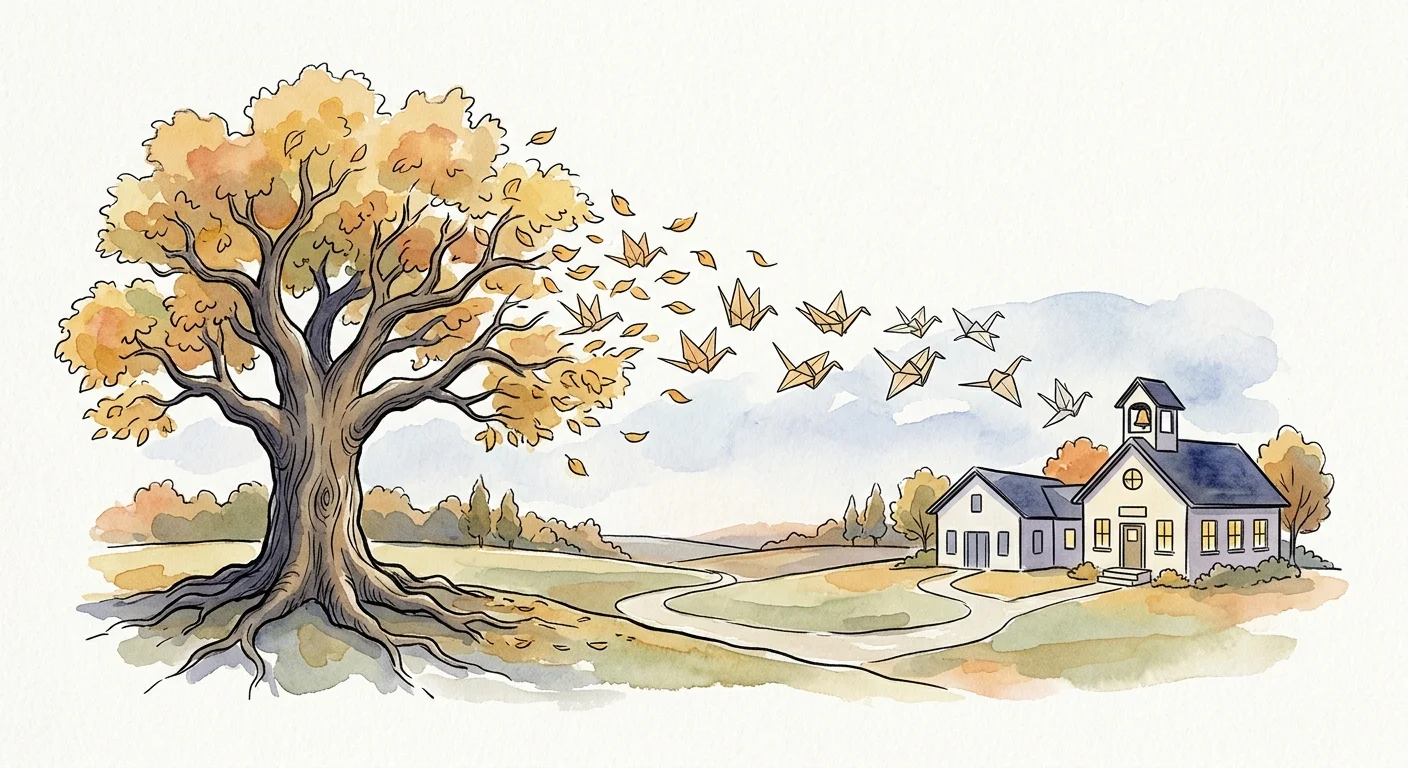 An ink and watercolor drawing of a golden oak tree whose leaves turn into origami birds flying towards a community building.