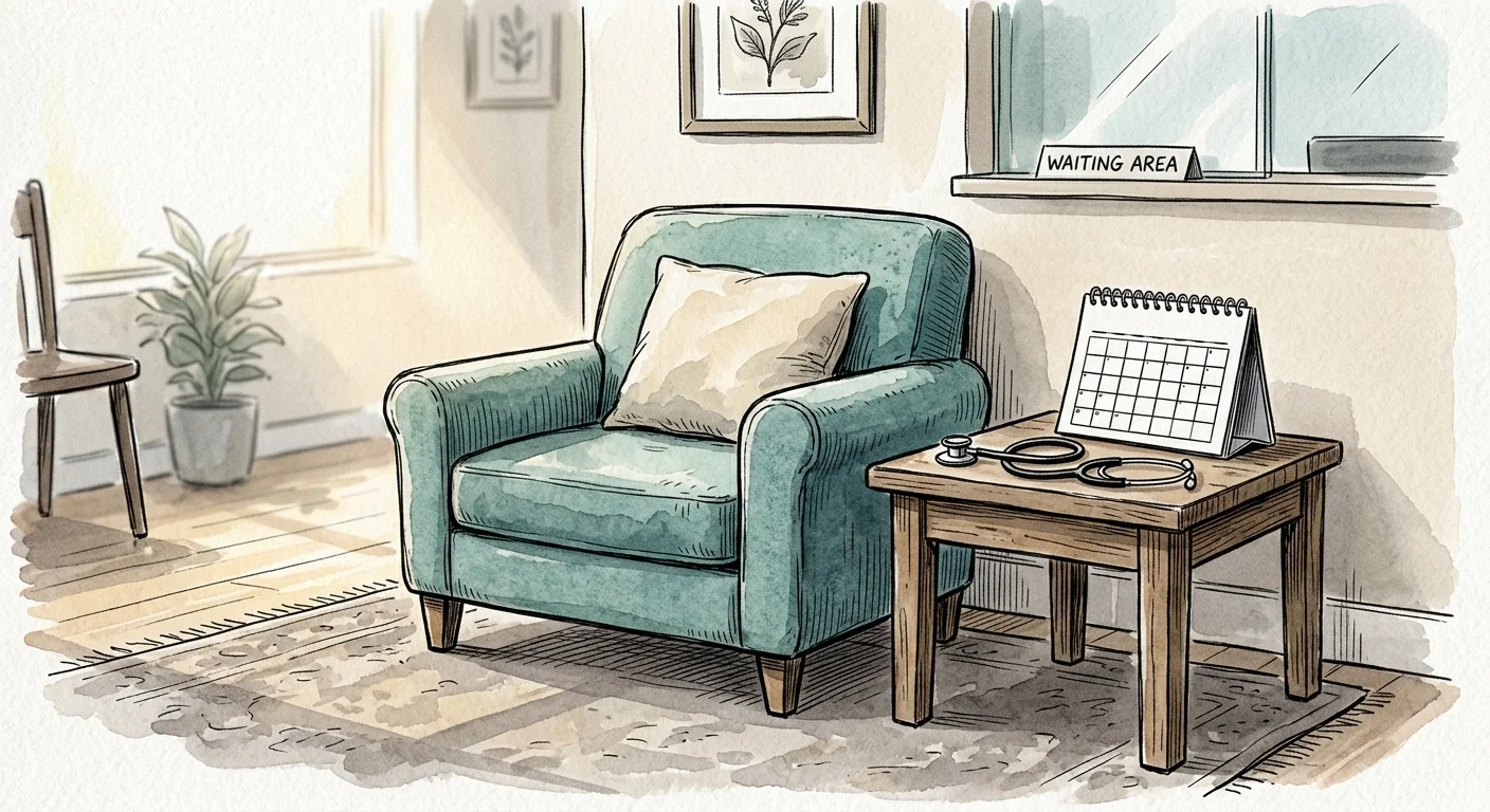 An ink and watercolor drawing of an empty waiting room chair next to a blank calendar and stethoscope.