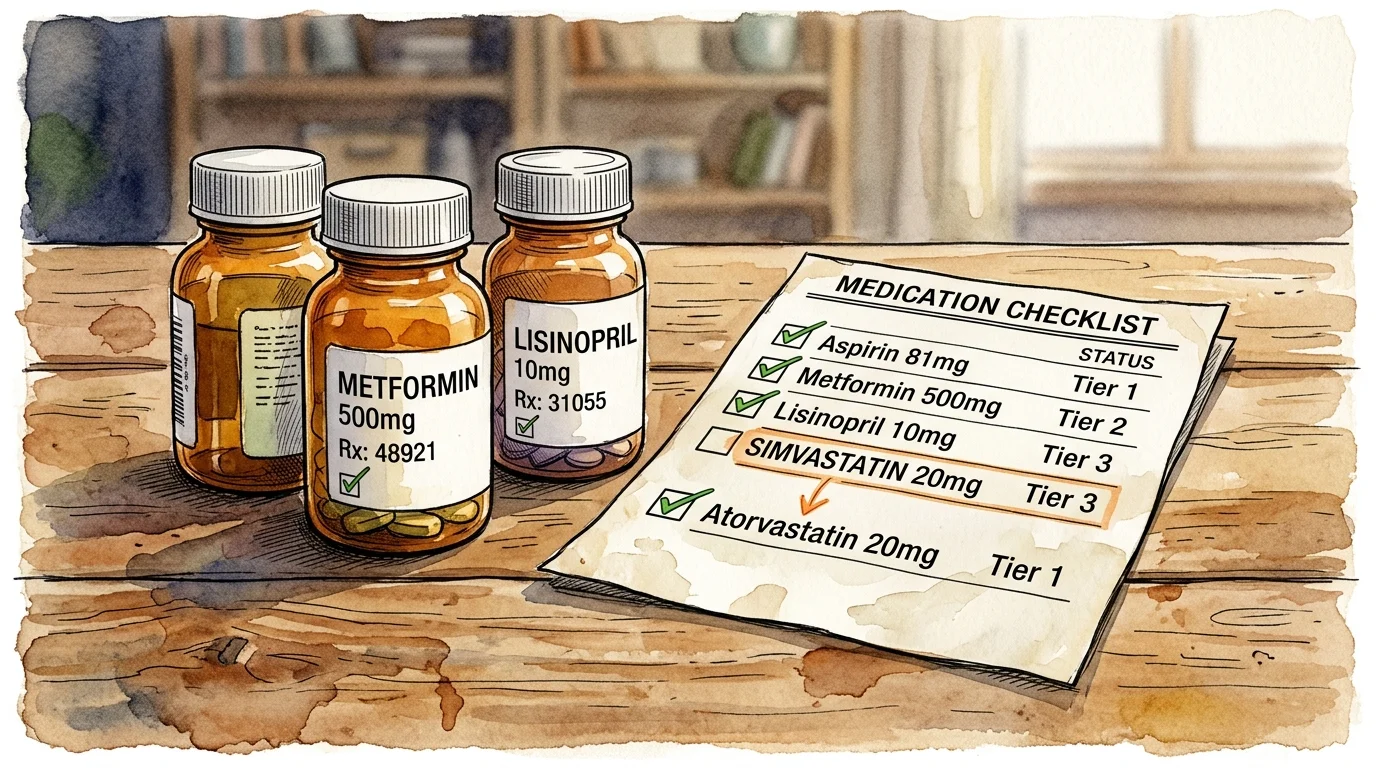 An ink and watercolor drawing of prescription bottles next to a checklist showing a drug being reclassified.