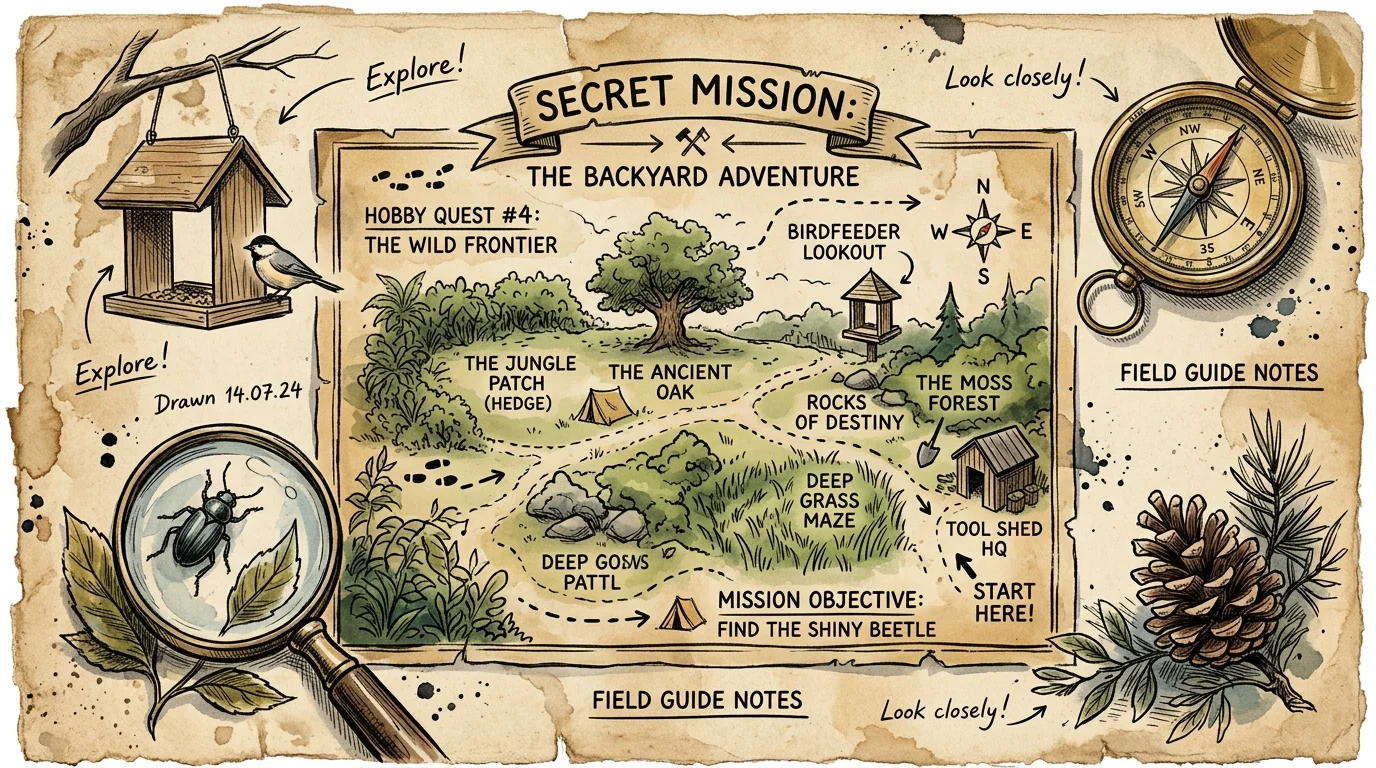 An ink and watercolor illustration of a backyard secret mission map styled like a vintage field journal.