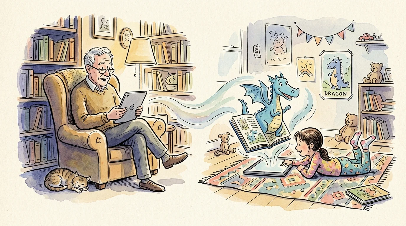 An ink and watercolor illustration of a grandfather and grandchild reading a digital book together remotely.