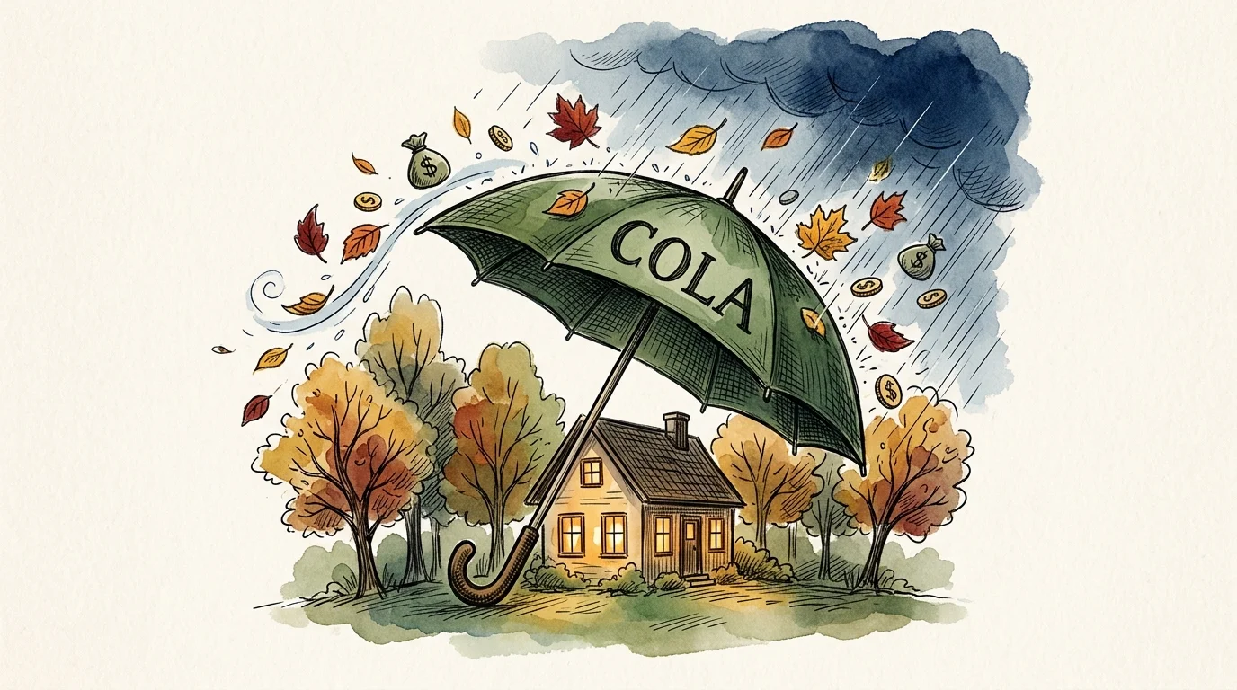 An ink and watercolor illustration of a green umbrella labeled 'COLA' sheltering a cozy home from falling rain and autumn leaves.