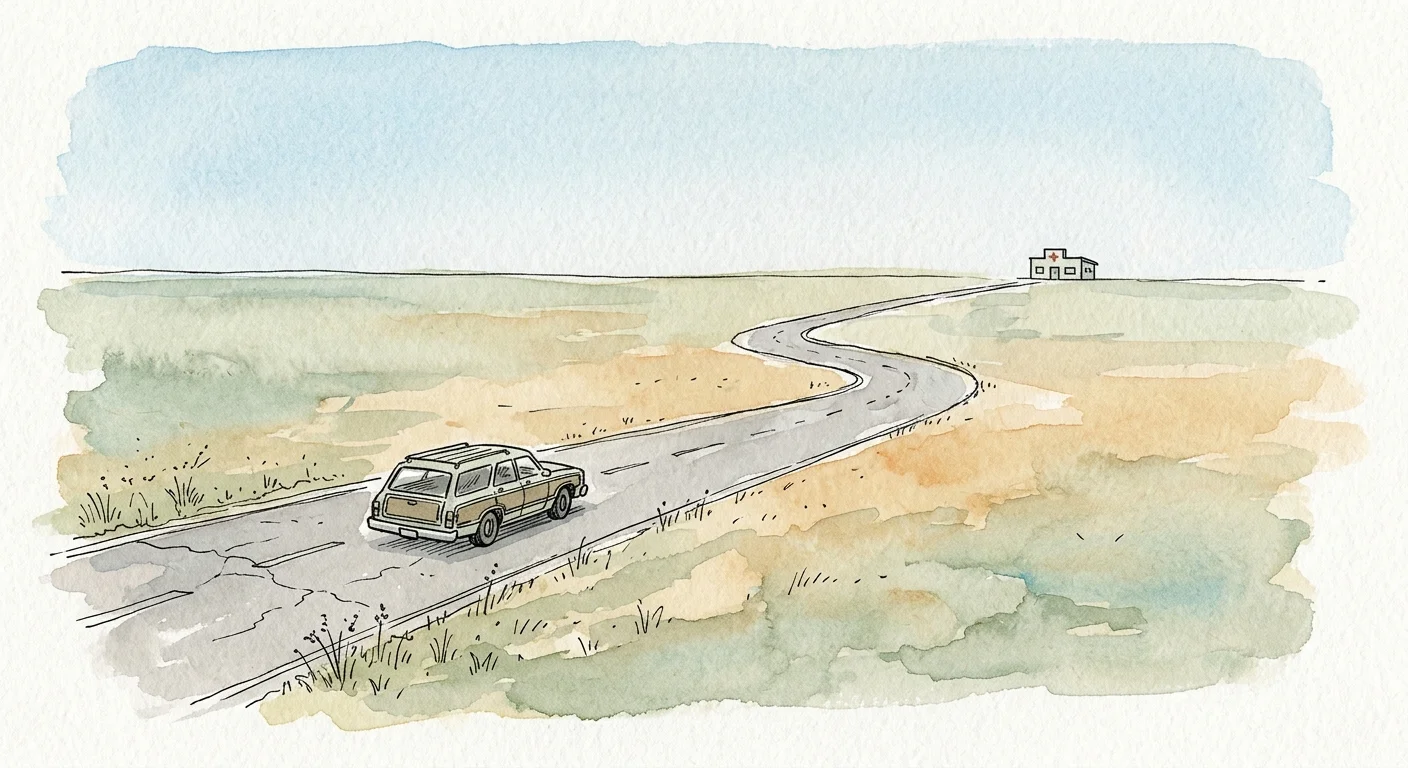 An ink and watercolor illustration of a lone car driving down a long, empty road toward a distant medical clinic.