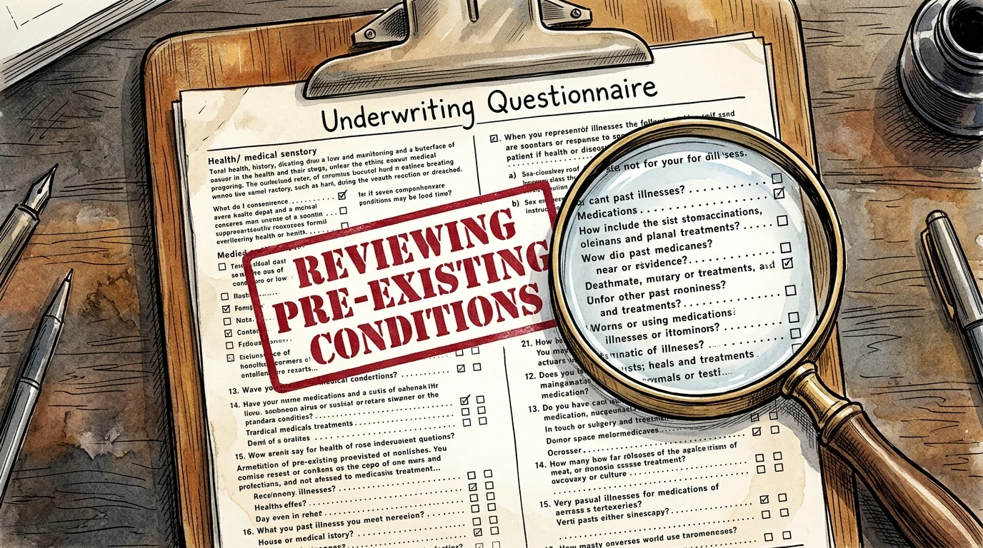 An ink and watercolor illustration of a medical questionnaire clipboard stamped with 'Reviewing Pre-Existing Conditions'.