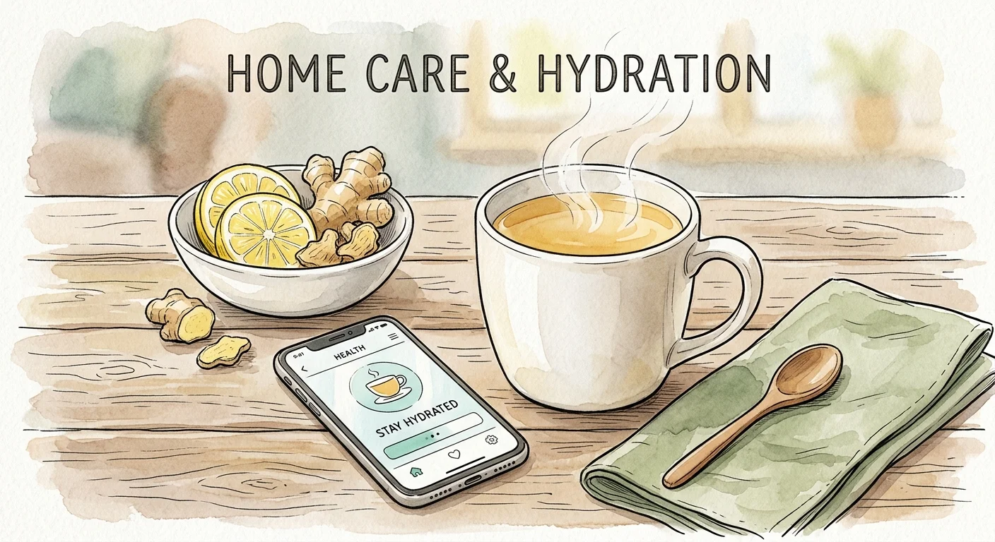 An ink and watercolor illustration of a mug of steaming lemon tea, fresh ginger, and a smartphone on a rustic table.