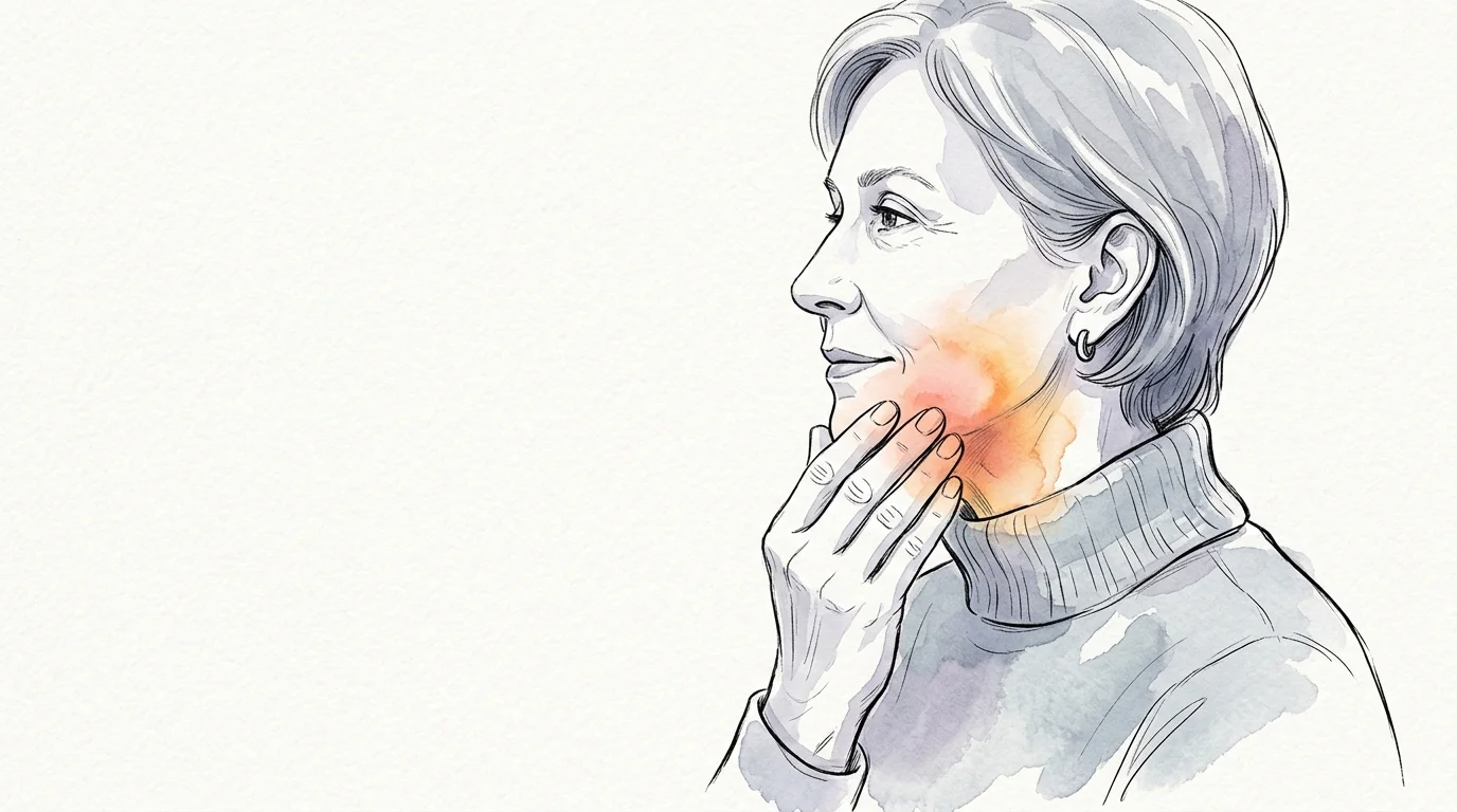 An ink and watercolor illustration of a woman touching her jaw, with a soft warm wash indicating radiating sensation.