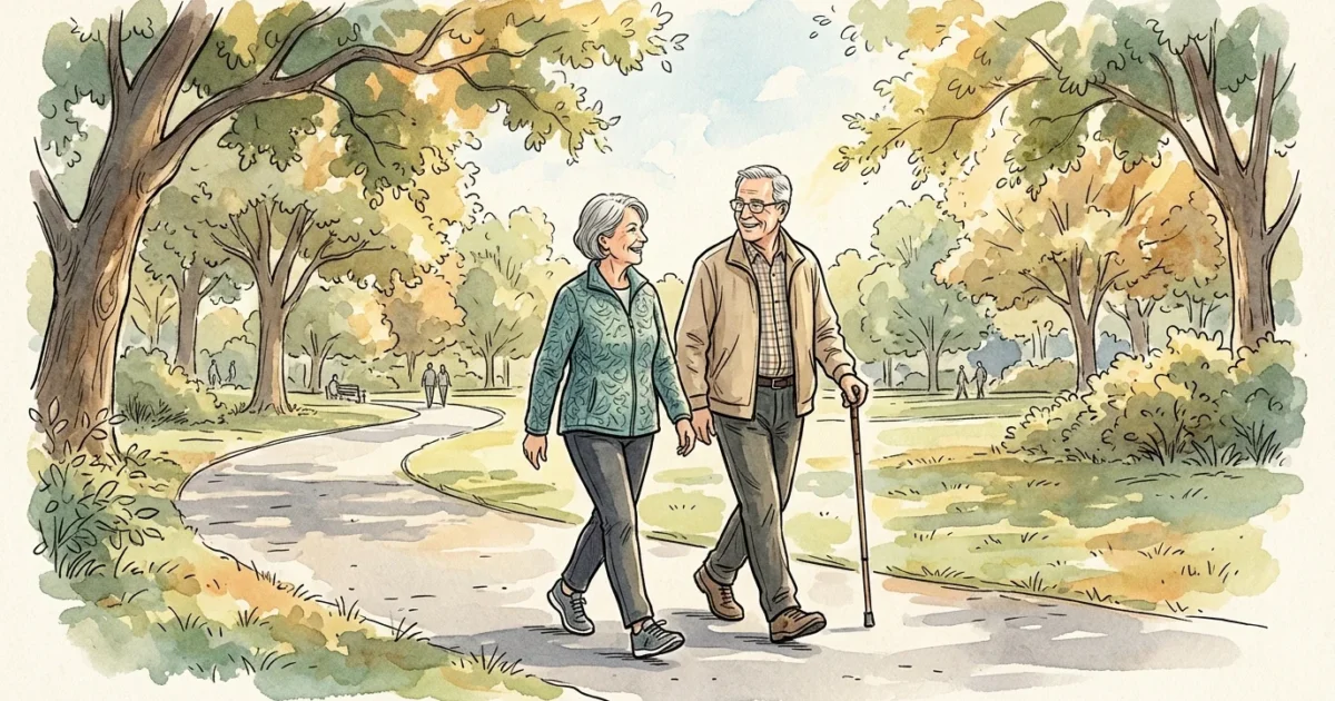 An ink and watercolor illustration of an older couple walking confidently along a sunlit park path, symbolizing stable balance.