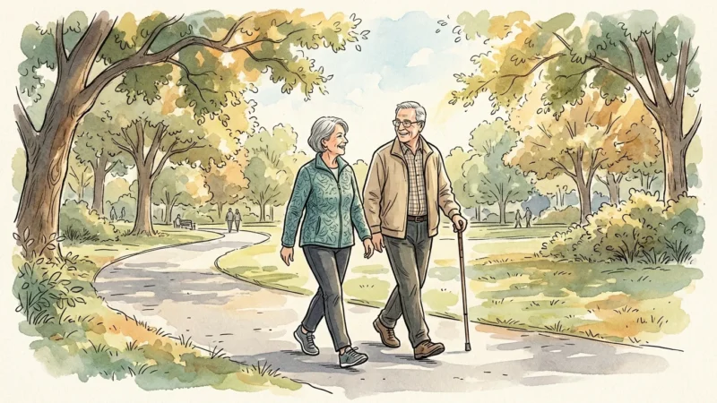 An ink and watercolor illustration of an older couple walking confidently along a sunlit park path, symbolizing stable balance.