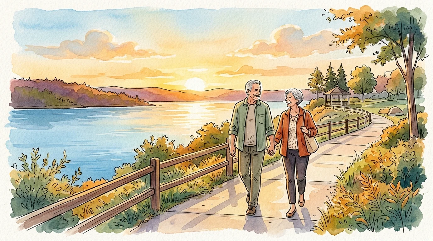 An ink and watercolor illustration of an older couple walking hand-in-hand by a lake at sunset, symbolizing a confident, active retirement.