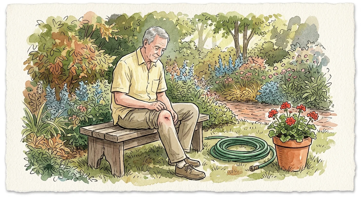 An ink and watercolor illustration of an older man sitting on a garden bench, gently checking a minor scrape on his knee.