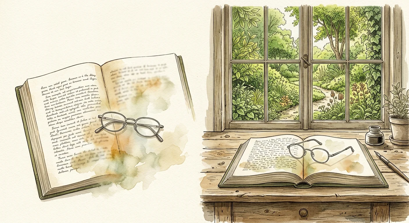 An ink and watercolor illustration of an open book with reading glasses, where the text is softly blurred to represent vision changes.
