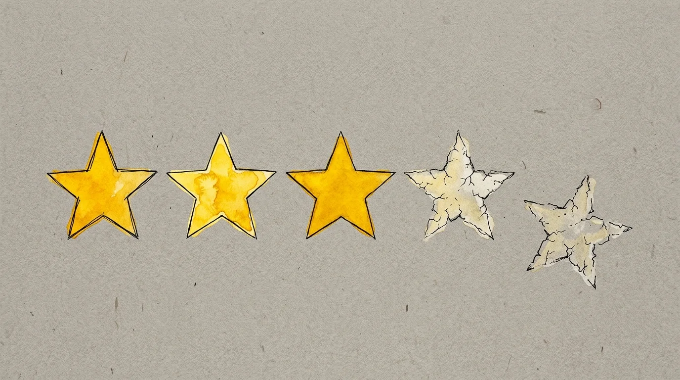 An ink and watercolor illustration of five stars, with the last two stars cracked and fading to represent declining ratings.