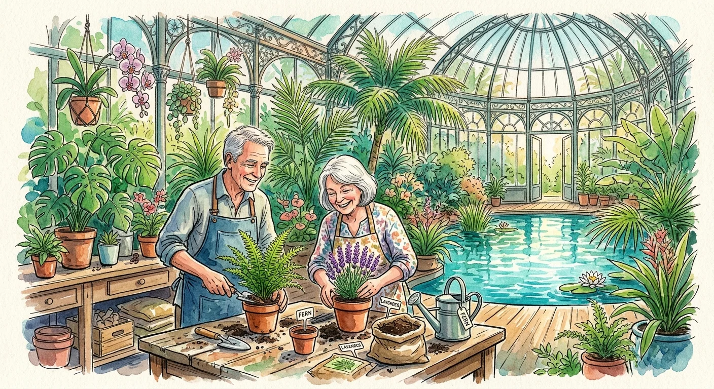 An ink and watercolor illustration of seniors gardening in a sunlit greenhouse next to an indoor pool.