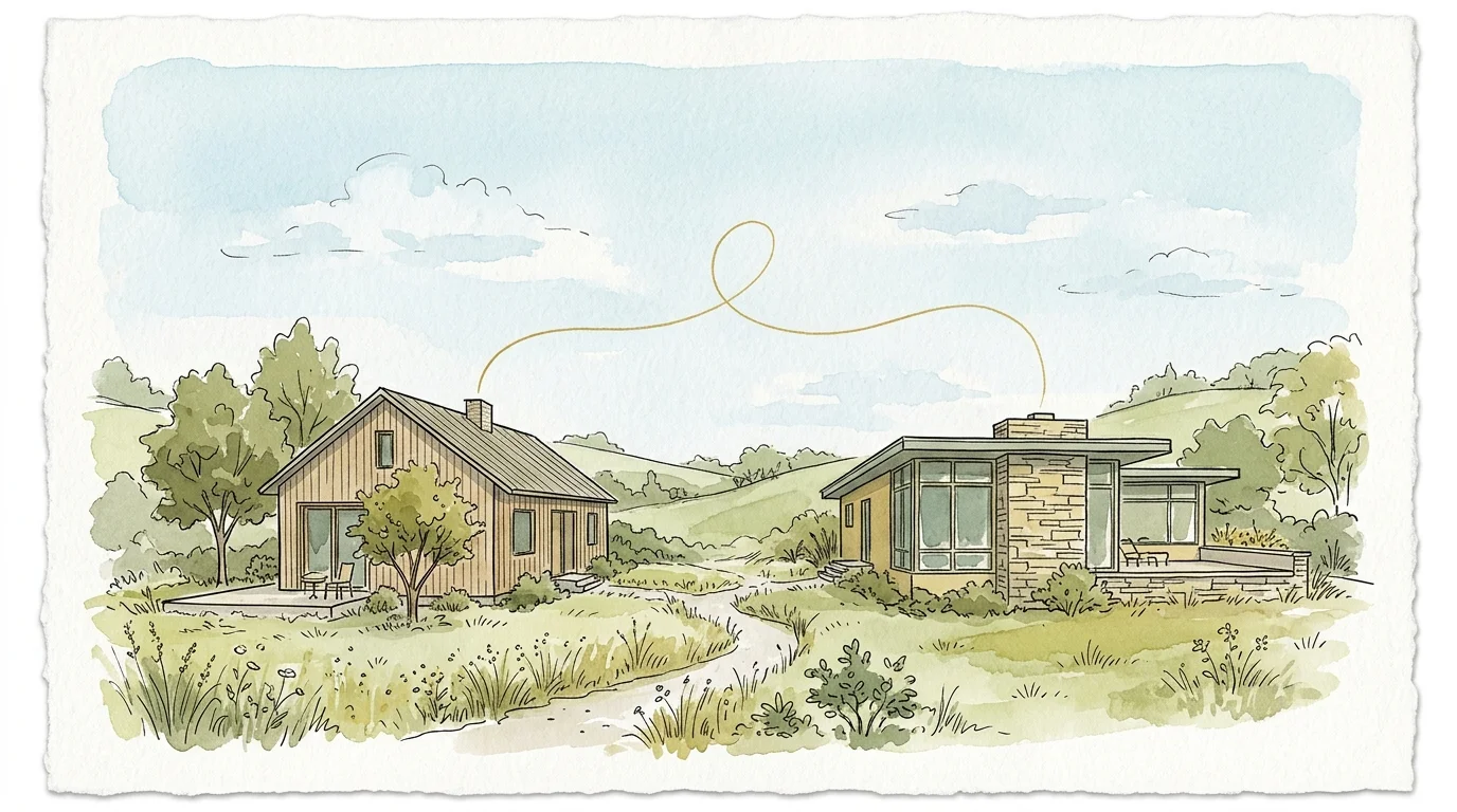 An ink and watercolor illustration of two separate houses connected by a delicate golden thread, symbolizing ex-spousal rights.