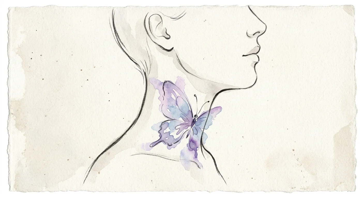 An ink and watercolor silhouette of a neck with a soft lavender and blue butterfly motif over the thyroid area.
