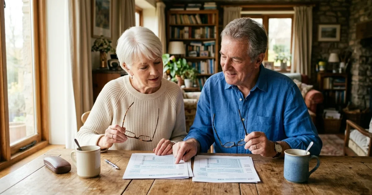 An older couple at a dining table reviewing tax documents in warm, natural morning light.