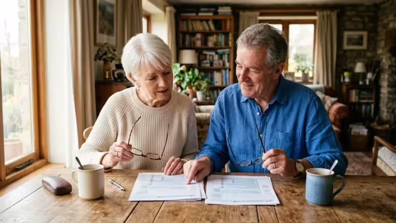 An older couple at a dining table reviewing tax documents in warm, natural morning light.