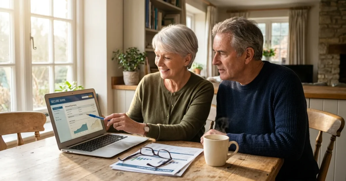 An older couple at a kitchen table reviewing financial documents on a laptop in warm morning light.