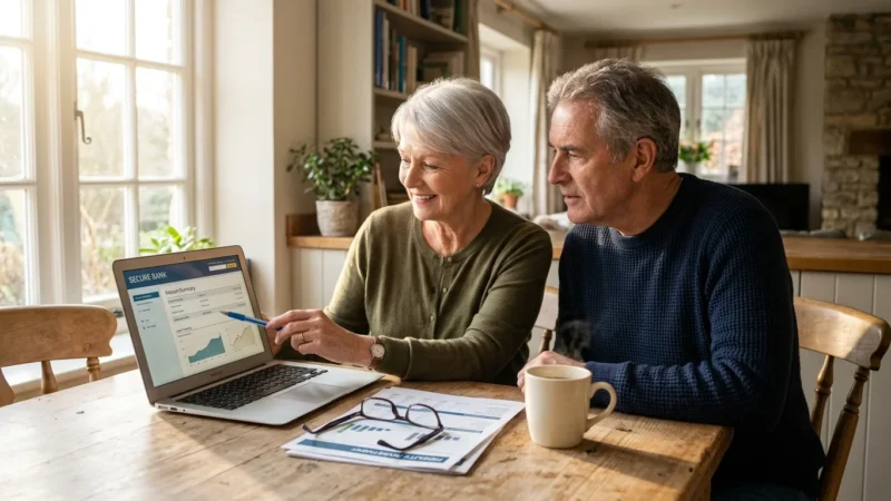 An older couple at a kitchen table reviewing financial documents on a laptop in warm morning light.