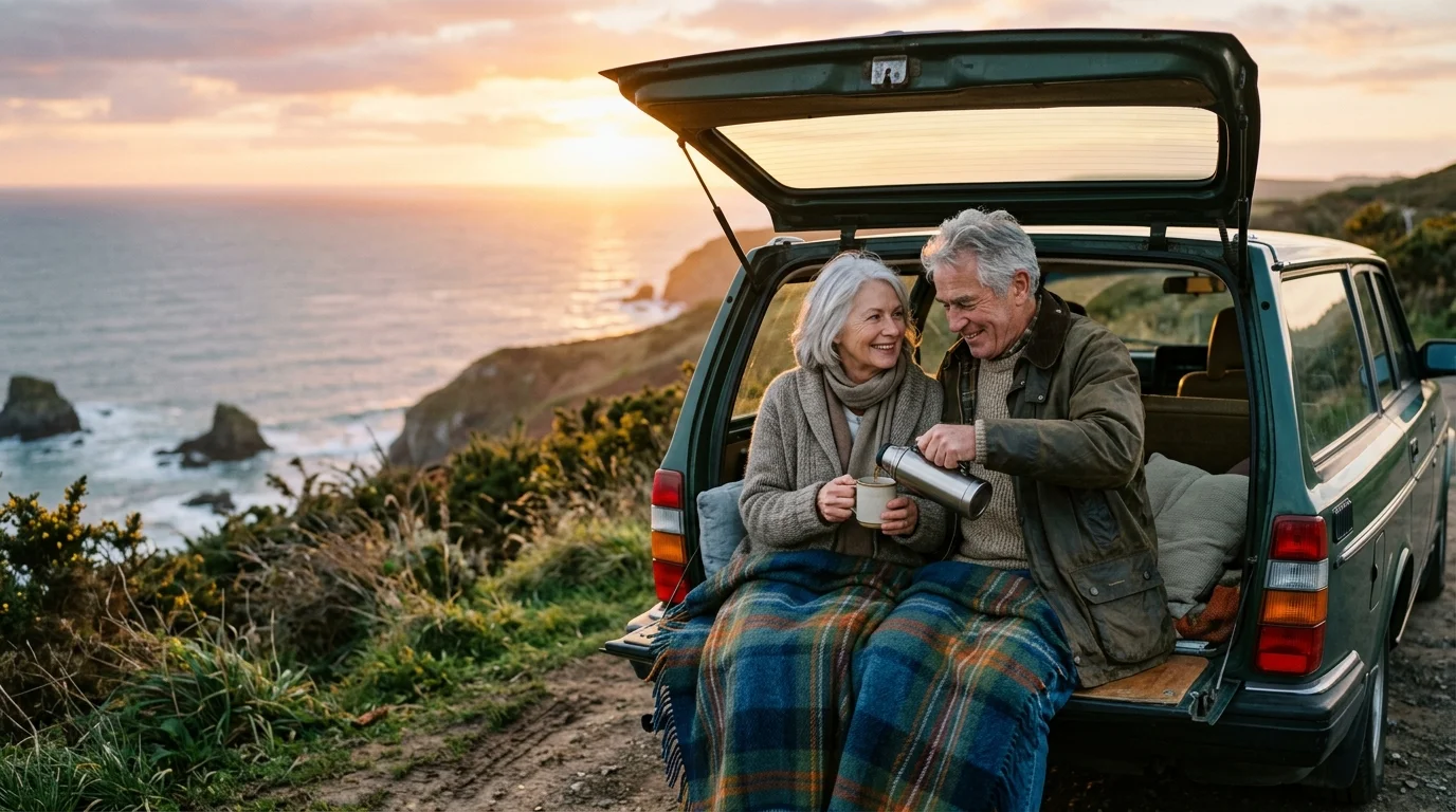 An older couple bundled in a wool blanket sits in the back of a car at sunset, enjoying tea and looking out over a peaceful ocean.