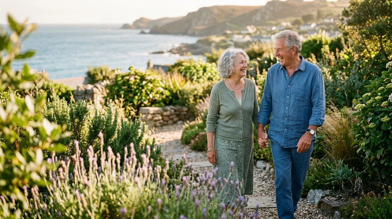 An older couple holding hands and laughing while walking through a coastal garden at sunset.