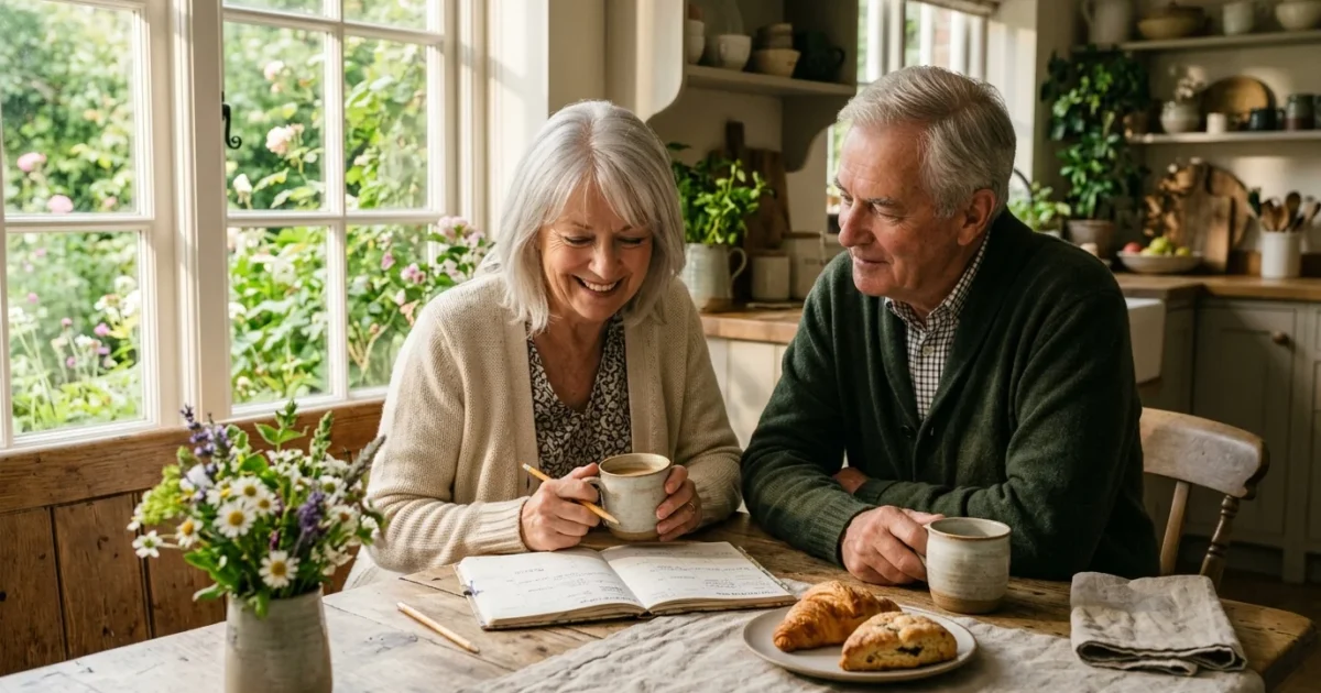 An older couple in their early 70s sits in a sunlit kitchen, smiling as they look over their retirement plans together.