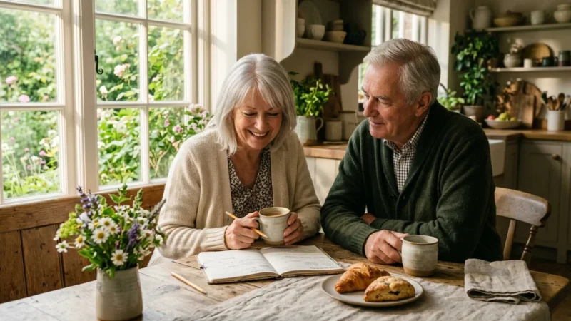 An older couple in their early 70s sits in a sunlit kitchen, smiling as they look over their retirement plans together.
