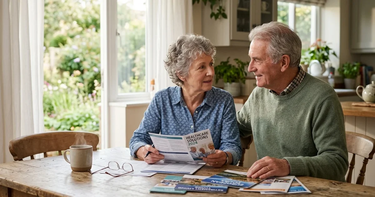 An older couple sitting at a sunlit kitchen table reviewing Medicare pamphlets and planning their retirement together.