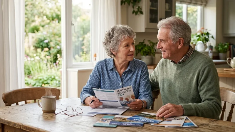 An older couple sitting at a sunlit kitchen table reviewing Medicare pamphlets and planning their retirement together.