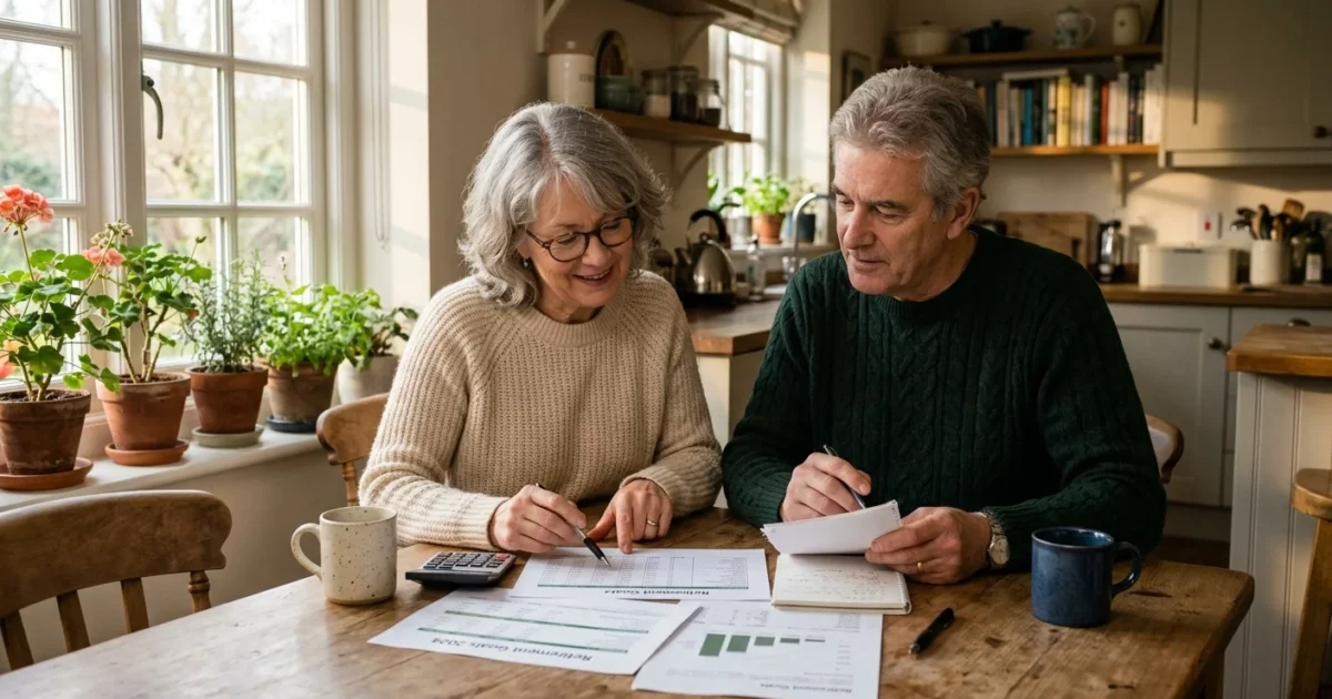 An older couple sitting at a wooden kitchen table reviewing retirement planning papers together in warm afternoon light.