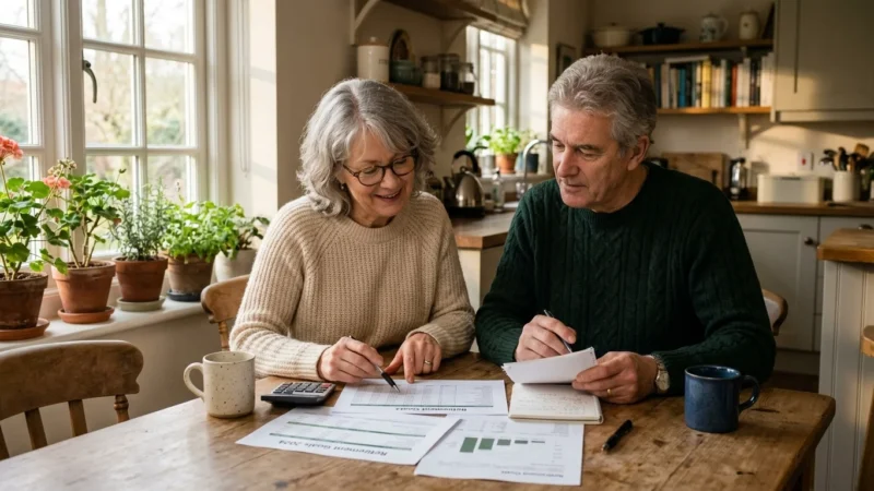An older couple sitting at a wooden kitchen table reviewing retirement planning papers together in warm afternoon light.