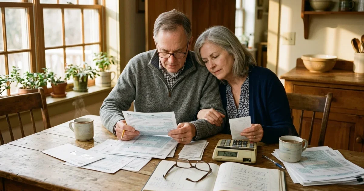An older couple sitting at their kitchen table in warm morning light, reviewing financial papers together with reading glasses and mugs.