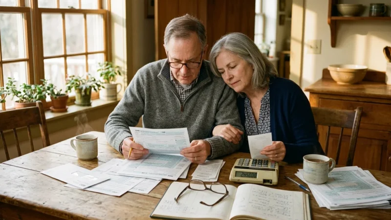 An older couple sitting at their kitchen table in warm morning light, reviewing financial papers together with reading glasses and mugs.