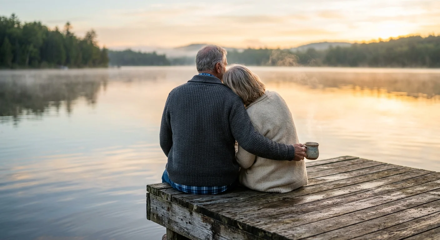 An older couple sitting peacefully on a wooden dock by a calm lake at sunrise, enjoying a worry-free retirement.