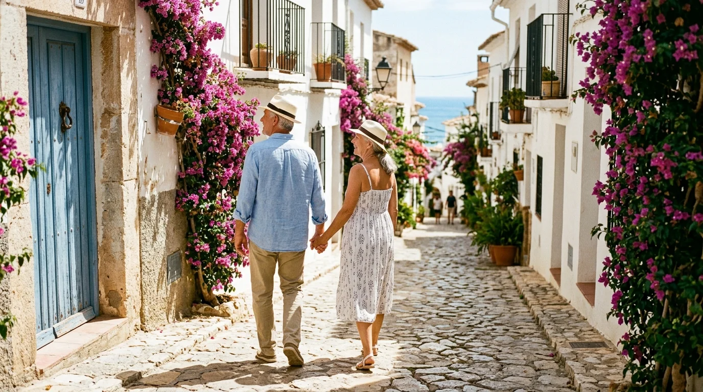 An older couple walks hand-in-hand down a sun-drenched cobblestone street in Spain lined with whitewashed houses and bougainvillea.