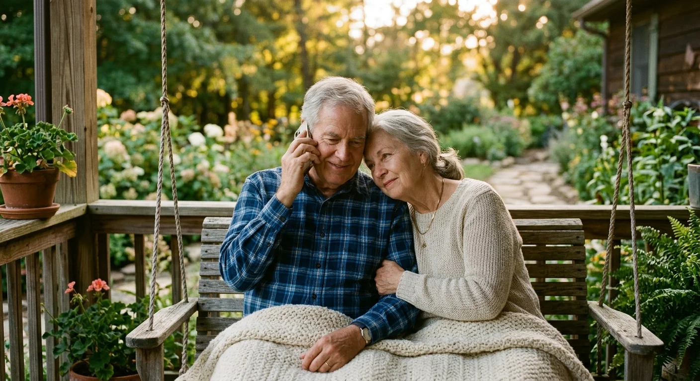 An older couple wrapped in a blanket sits on a porch swing at sunset, listening to a phone call together.