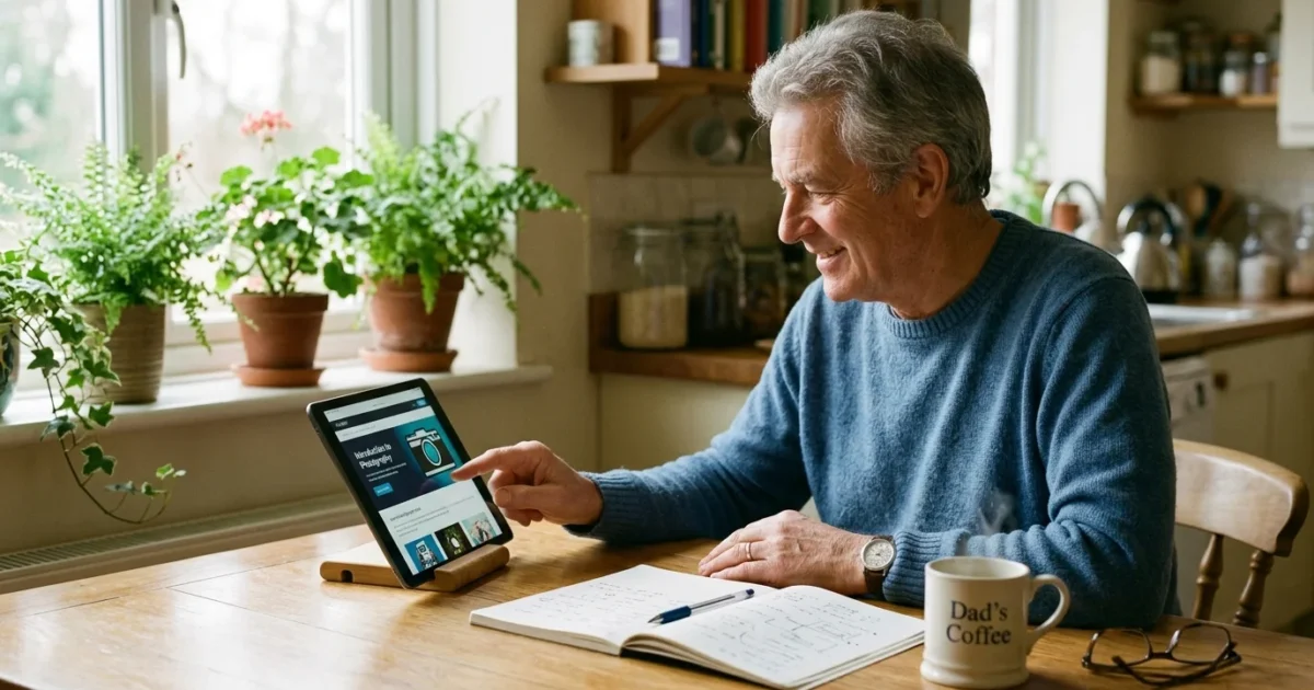 An older man happily learning on a tablet at a sunlit kitchen table with a mug of coffee.