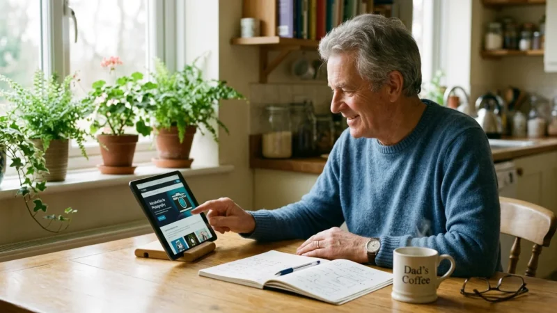 An older man happily learning on a tablet at a sunlit kitchen table with a mug of coffee.