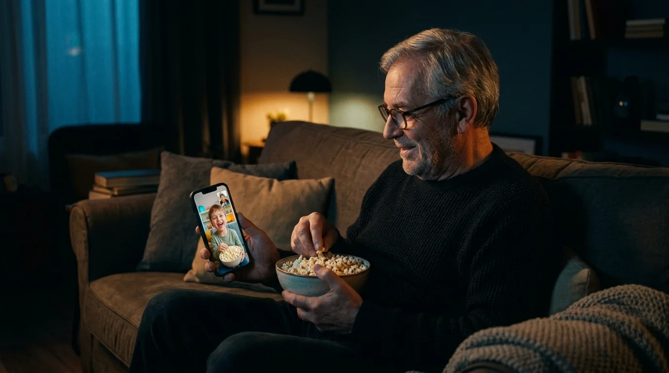 An older man holding his phone to watch a movie with his grandson over video call in a dimly lit room.