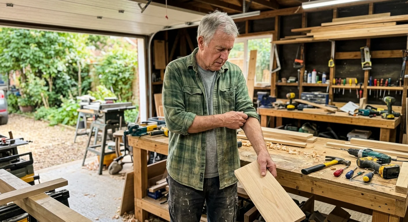 An older man in a garage workshop pausing to look thoughtfully at his arm, assessing a potential warning sign during activity.